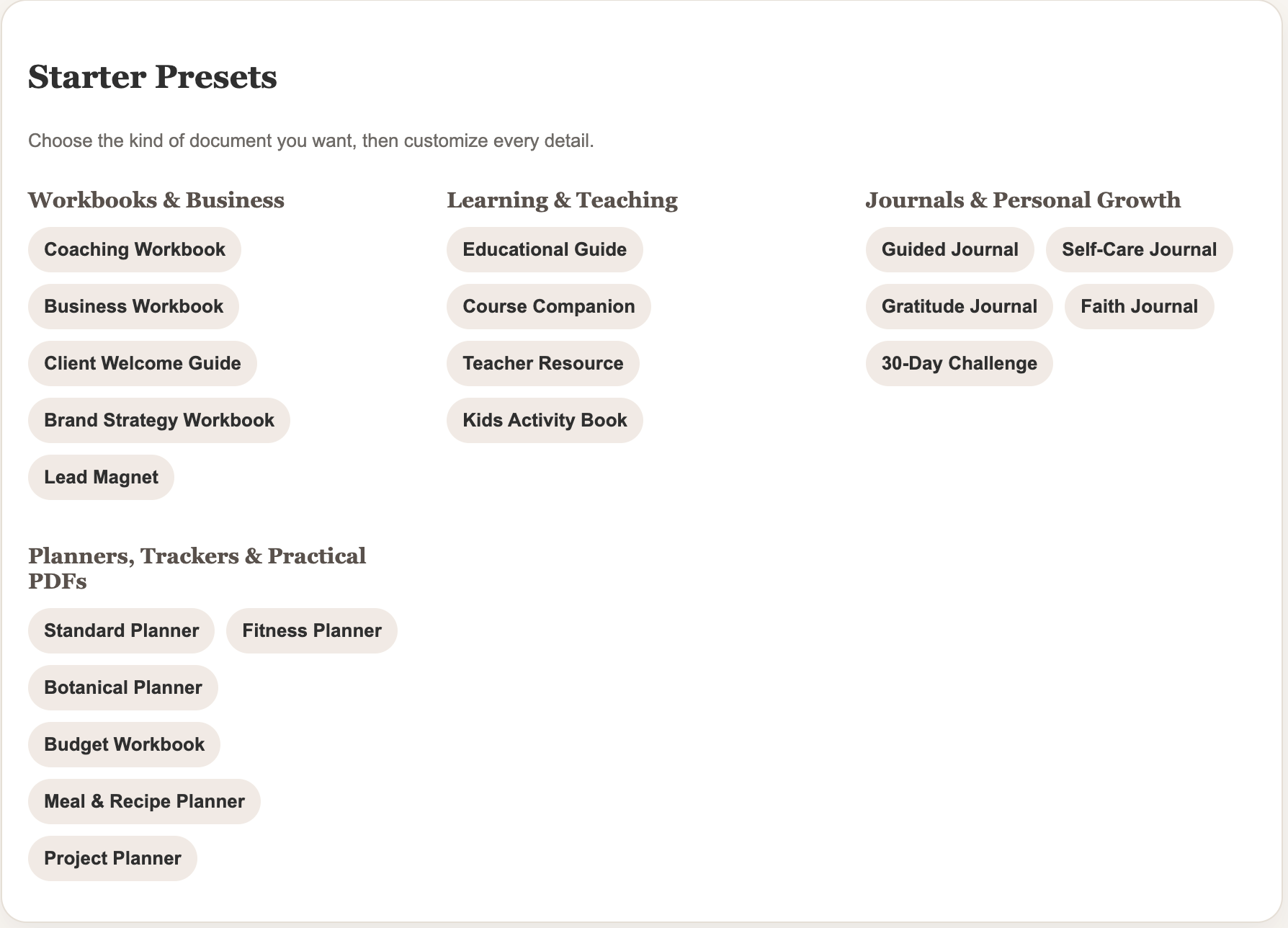 Layout Studio interface showing starter presets